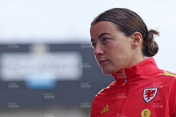 140426 - Wales v Albania - 2027 FIFA Women's World Cup Qualifying - Angharad James-Turner of Wales inspects the pitch prior to the game
