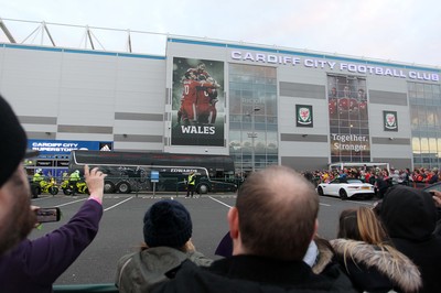 131015 - Wales v Andorra - UEFA European Championship Qualifiers - Fans watch the team arrive