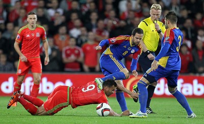 131015 - Wales v Andorra - UEFA European Championship Qualifiers - Hal Robson-Kanu of Wales slides in to tackle Marcio Vieira of Andorra