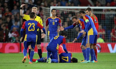 131015 - Wales v Andorra - UEFA European Championship Qualifiers - Andorra rush medics onto the pitch for Victor Moreira of Andorra