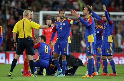131015 - Wales v Andorra - UEFA European Championship Qualifiers - Andorra rush medics onto the pitch for Victor Moreira of Andorra