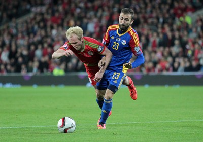 131015 - Wales v Andorra - UEFA European Championship Qualifiers - Jonathan Williams of Wales is tackled by Jordi Rubio of Andorra