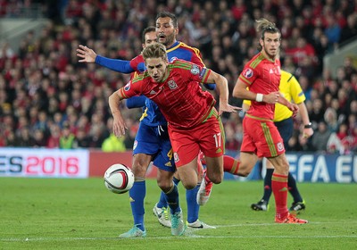 131015 - Wales v Andorra - UEFA European Championship Qualifiers - David Edwards of Wales is taken down by Oscar Sonejee of Andorra