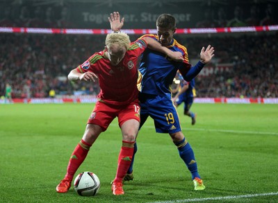 131015 - Wales v Andorra - UEFA European Championship Qualifiers - Jonathan Williams of Wales is challenged by Ivan Lorenzo of Andorra
