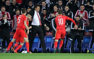 131015 - Wales v Andorra - UEFA European Championship Qualifiers - Wales Manager Chris Coleman celebrates Aaron Ramsey's goal