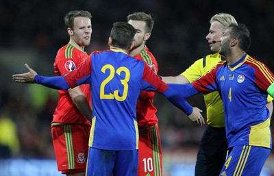 131015 - Wales v Andorra - UEFA European Championship Qualifiers - Tempers run high between Chris Gunter of Wales and Jordi Rubio of Andorra