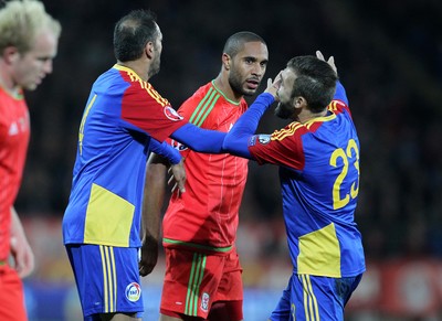 131015 - Wales v Andorra - UEFA European Championship Qualifiers - Tempers are high between Ashley Williams of Wales and Jordi Rubio of Andorra