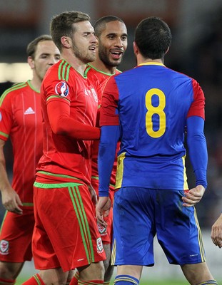 131015 - Wales v Andorra - UEFA European Championship Qualifiers - Tempers are high between Ashley Williams of Wales and Marcio Vieira of Andorra
