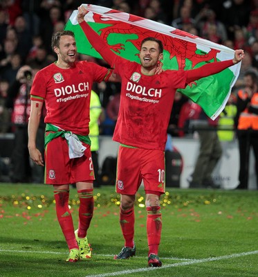 131015 - Wales v Andorra - UEFA European Championship Qualifiers - Chris Gunter and Aaron Ramsey of Wales celebrate