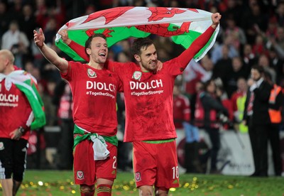 131015 - Wales v Andorra - UEFA European Championship Qualifiers - Chris Gunter and Aaron Ramsey of Wales celebrate