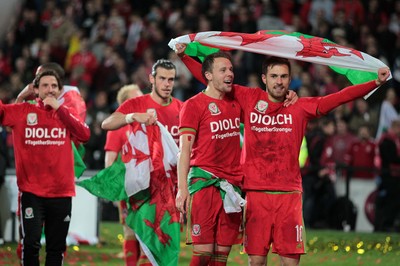 131015 - Wales v Andorra - UEFA European Championship Qualifiers - Chris Gunter and Aaron Ramsey of Wales celebrate
