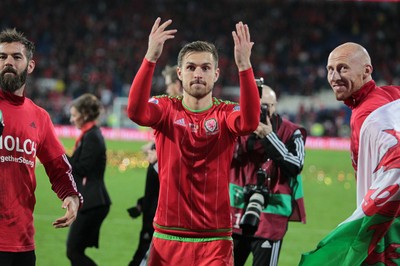 131015 - Wales v Andorra - UEFA European Championship Qualifiers - Aaron Ramsey of Wales celebrates