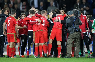 131015 - Wales v Andorra - UEFA European Championship Qualifiers - Wales Manager Chris Coleman hugs Gareth Bale