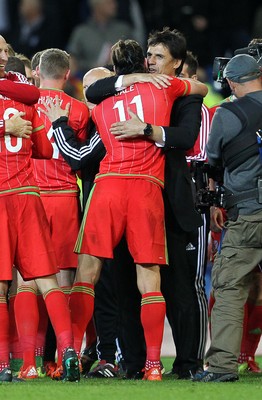 131015 - Wales v Andorra - UEFA European Championship Qualifiers - Wales Manager Chris Coleman hugs Gareth Bale