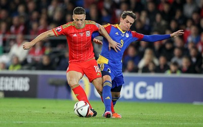 131015 - Wales v Andorra - UEFA European Championship Qualifiers - James Chester of Wales is challenged by Gabriel Riera of Andorra