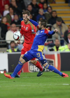 131015 - Wales v Andorra, UEFA European Championship Qualifier - Aaron Ramsey of Wales is challenged by Jordi Rubio of Andorra