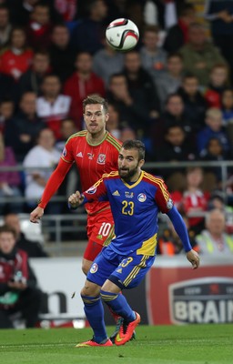 131015 - Wales v Andorra, UEFA European Championship Qualifier - Aaron Ramsey of Wales is challenged by Jordi Rubio of Andorra