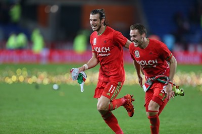 131015 - Wales v Andorra, UEFA European Championship Qualifier - Gareth Bale of Wales and Chris Gunter of Wales celebrate at the end of the match