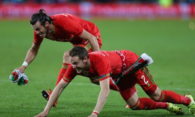 131015 - Wales v Andorra, UEFA European Championship Qualifier - Gareth Bale of Wales and Chris Gunter of Wales celebrate at the end of the match