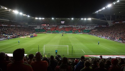 131015 - Wales v Andorra, UEFA European Championship Qualifier - Wales fans fly the flag during the national anthems