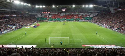 131015 - Wales v Andorra, UEFA European Championship Qualifier - Wales fans fly the flag during the national anthems