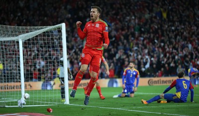 131015 - Wales v Andorra, UEFA European Championship Qualifier - Aaron Ramsey of Wales celebrates after scoring goal