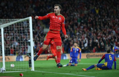 131015 - Wales v Andorra, UEFA European Championship Qualifier - Aaron Ramsey of Wales celebrates after scoring goal