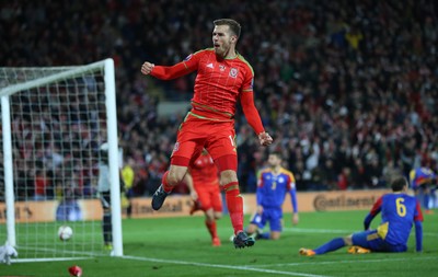 131015 - Wales v Andorra, UEFA European Championship Qualifier - Aaron Ramsey of Wales celebrates after scoring goal