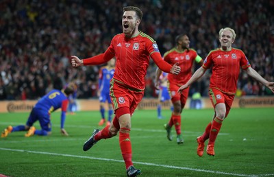 131015 - Wales v Andorra, UEFA European Championship Qualifier - Aaron Ramsey of Wales celebrates after scoring goal