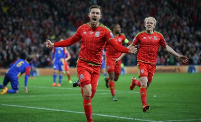 131015 - Wales v Andorra, UEFA European Championship Qualifier - Aaron Ramsey of Wales celebrates after scoring goal