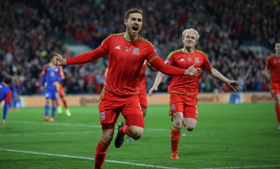 131015 - Wales v Andorra, UEFA European Championship Qualifier - Aaron Ramsey of Wales celebrates after scoring goal