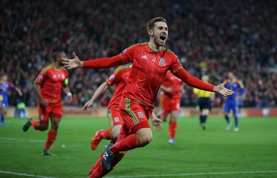 131015 - Wales v Andorra, UEFA European Championship Qualifier - Aaron Ramsey of Wales celebrates after scoring goal