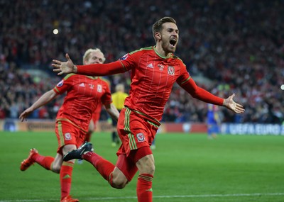 131015 - Wales v Andorra, UEFA European Championship Qualifier - Aaron Ramsey of Wales celebrates after scoring goal