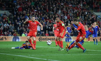 131015 - Wales v Andorra, UEFA European Championship Qualifier - Aaron Ramsey of Wales shoots to score goal