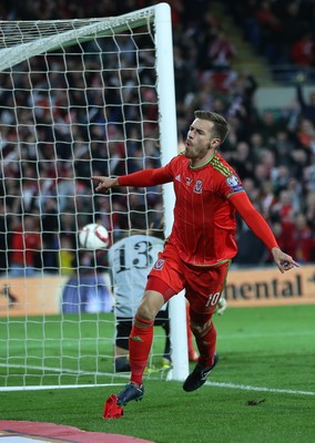 131015 - Wales v Andorra, UEFA European Championship Qualifier - Aaron Ramsey of Wales celebrates after scoring goal