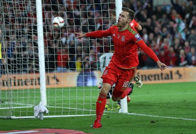 131015 - Wales v Andorra, UEFA European Championship Qualifier - Aaron Ramsey of Wales celebrates after scoring goal