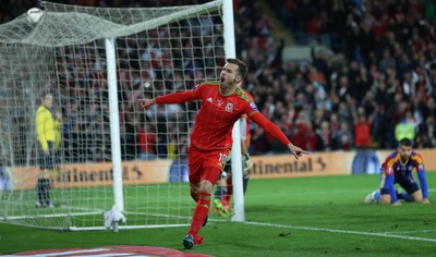 131015 - Wales v Andorra, UEFA European Championship Qualifier - Aaron Ramsey of Wales celebrates after scoring goal