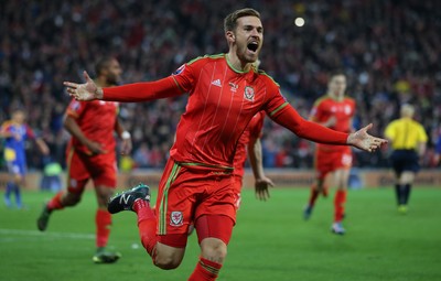 131015 - Wales v Andorra, UEFA European Championship Qualifier - Aaron Ramsey of Wales celebrates after scoring goal