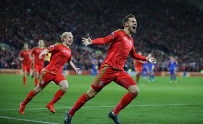 131015 - Wales v Andorra, UEFA European Championship Qualifier - Aaron Ramsey of Wales celebrates after scoring goal
