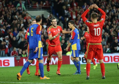 131015 - Wales v Andorra, UEFA European Championship Qualifier - Gareth Bale of Wales celebrates  with Aaron Ramsey of Wales after scoring the second goal