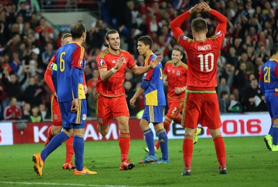 131015 - Wales v Andorra, UEFA European Championship Qualifier - Gareth Bale of Wales celebrates  with Aaron Ramsey of Wales after scoring the second goal