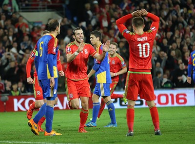 131015 - Wales v Andorra, UEFA European Championship Qualifier - Gareth Bale of Wales celebrates  with Aaron Ramsey of Wales after scoring the second goal