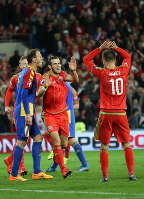 131015 - Wales v Andorra, UEFA European Championship Qualifier - Gareth Bale of Wales celebrates  with Aaron Ramsey of Wales after scoring the second goal