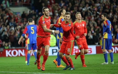 131015 - Wales v Andorra, UEFA European Championship Qualifier - Gareth Bale of Wales celebrates  with Aaron Ramsey of Wales after scoring the second goal