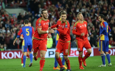131015 - Wales v Andorra, UEFA European Championship Qualifier - Gareth Bale of Wales celebrates  with Aaron Ramsey of Wales after scoring the second goal