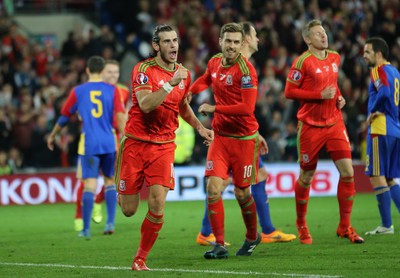 131015 - Wales v Andorra, UEFA European Championship Qualifier - Gareth Bale of Wales celebrates  with Aaron Ramsey of Wales after scoring the second goal