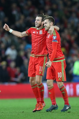 131015 - Wales v Andorra, UEFA European Championship Qualifier - Gareth Bale and Aaron Ramsey of Wales celebrate at the end of the match