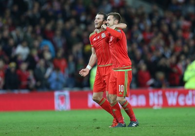 131015 - Wales v Andorra, UEFA European Championship Qualifier - Gareth Bale and Aaron Ramsey of Wales celebrate at the end of the match