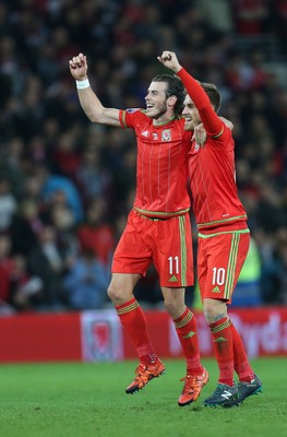 131015 - Wales v Andorra, UEFA European Championship Qualifier - Gareth Bale and Aaron Ramsey of Wales celebrate at the end of the match