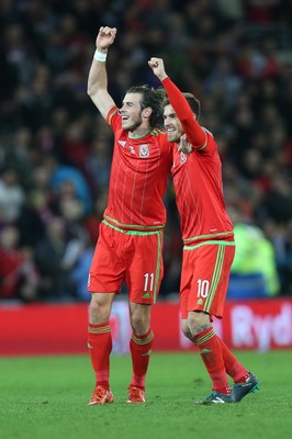 131015 - Wales v Andorra, UEFA European Championship Qualifier - Gareth Bale and Aaron Ramsey of Wales celebrate at the end of the match